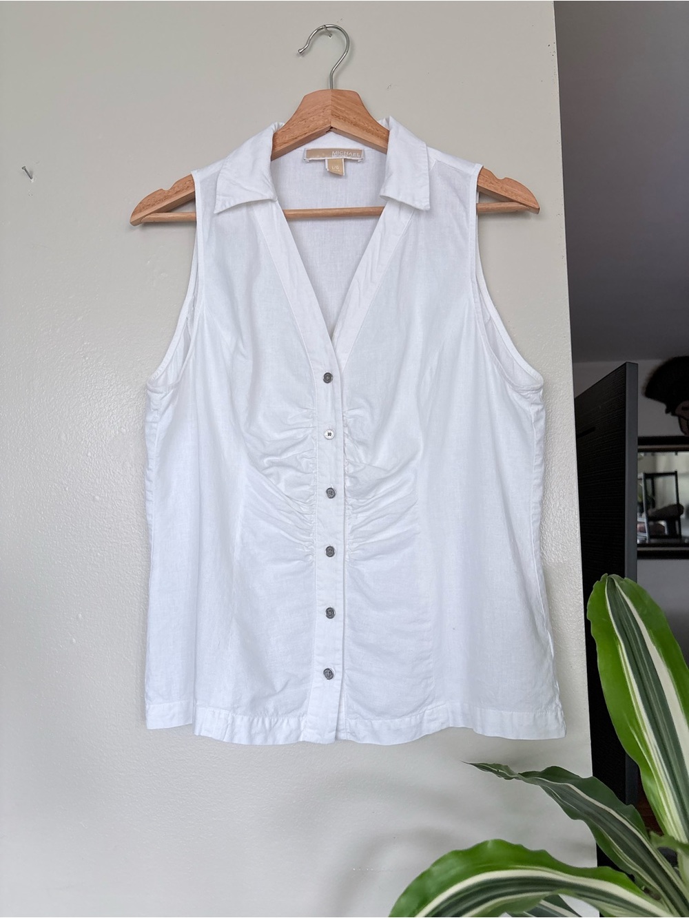 Michael Kors Button Front White Linen Collard Sleeveless Blouse Top Sz Large - Picture 3 of 5